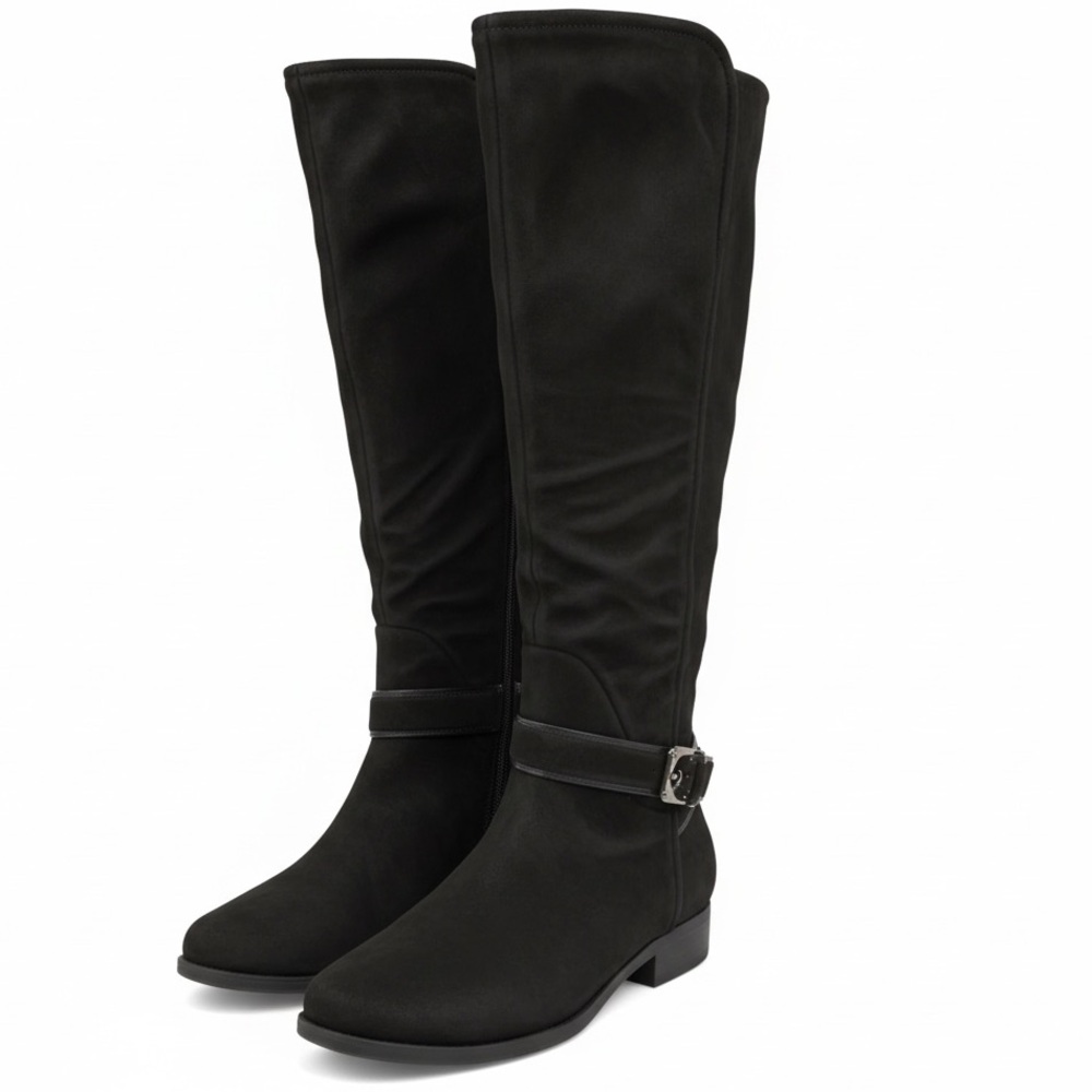 Women’s Black Knee High Boots Suede 8M Buckle Strap Zip Riding Style Low Heel